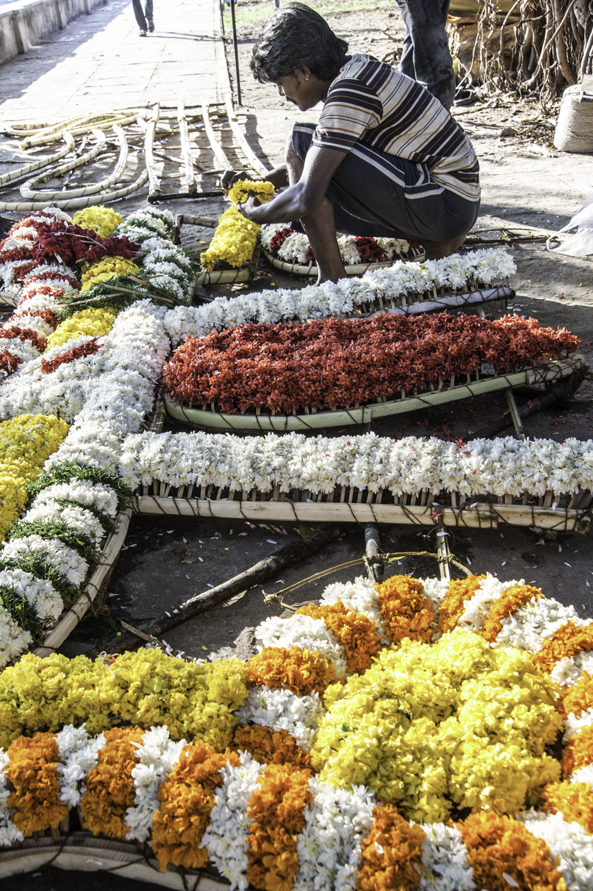 Préparation pour une décoration en fleur, qui défilera pour une des fêtes de village de la région de Chennai